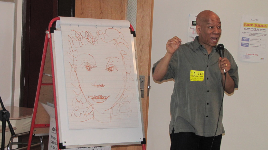 Brian Pinkney talking in front of his illustration.