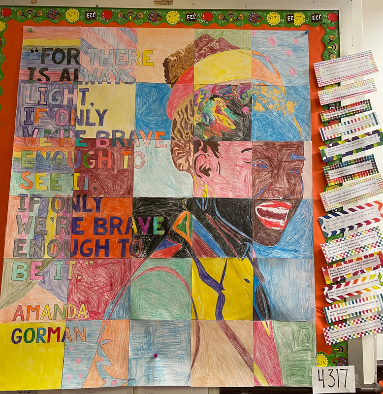 Amanda Gorman mosaic constructed by 4th grade students.